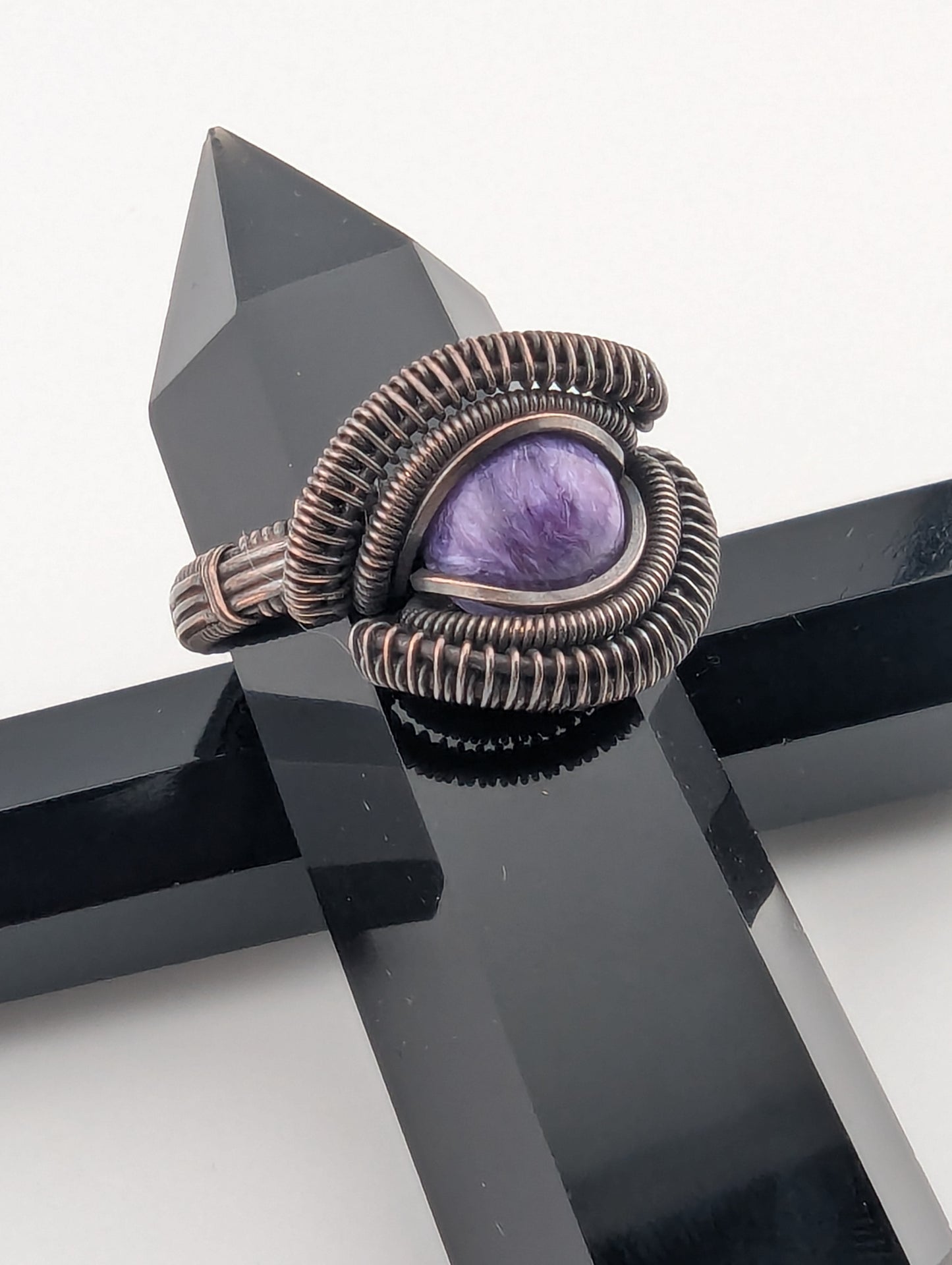 Charoite Magnificent Copper Wire Wrapped Ring - Size 10.75