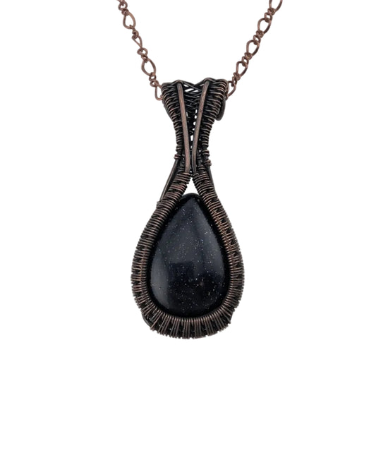 Blue Goldstone- Copper Wire Wrapped Pendant - "Starry Sky"