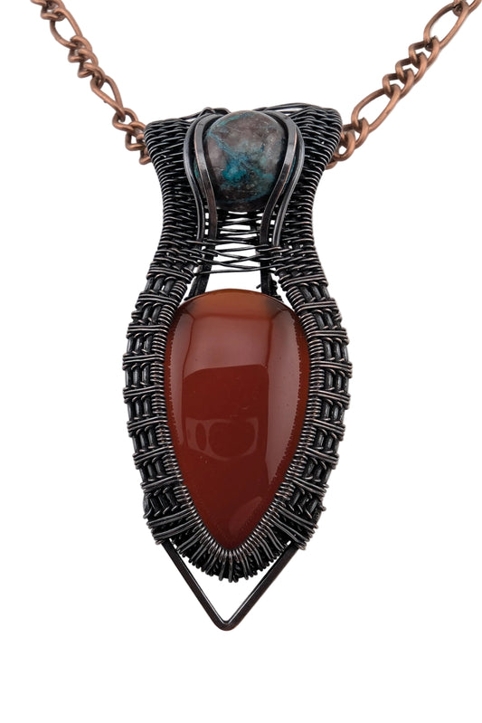 Carnelian & Turquoise Copper Pendant - "Aztec Relic"