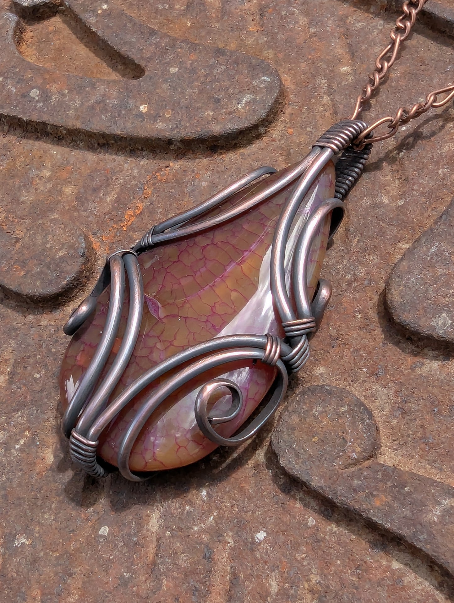 Peach Dragon Vein Agate Copper Pendant - "Winged Guardian"
