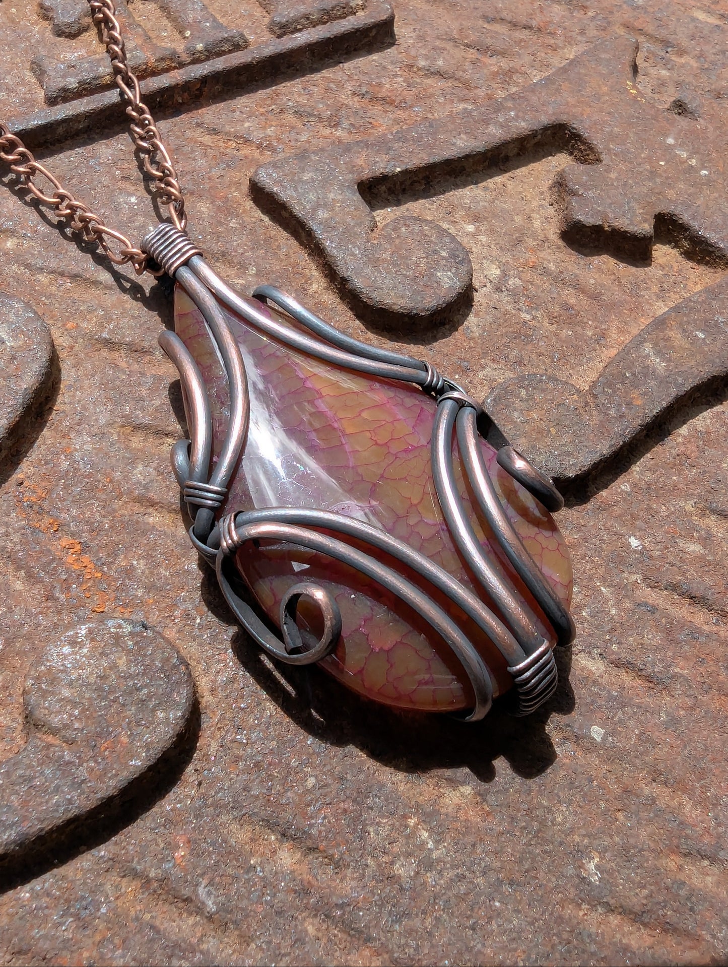 Peach Dragon Vein Agate Copper Pendant - "Winged Guardian"