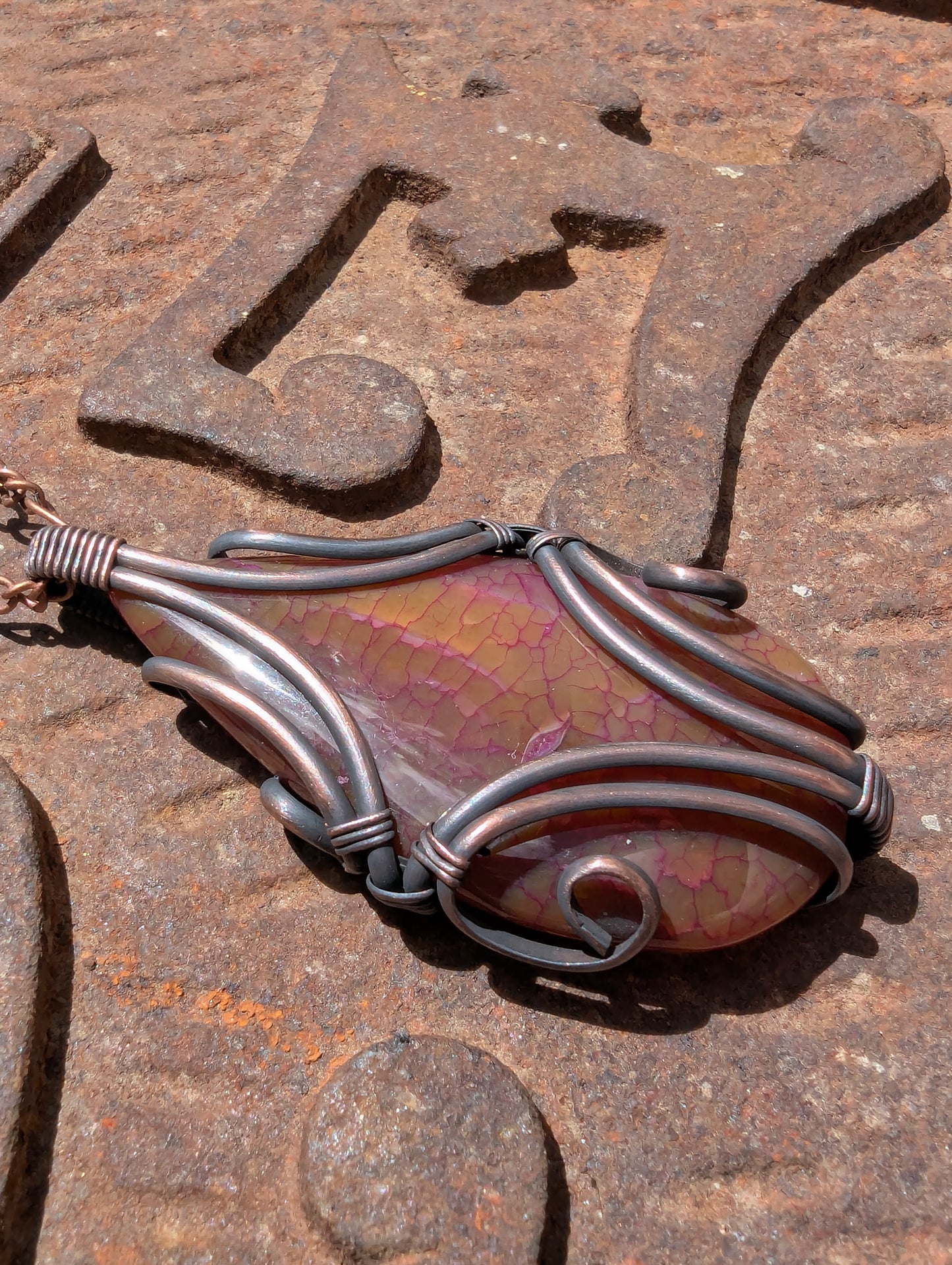 Peach Dragon Vein Agate Copper Pendant - "Winged Guardian"
