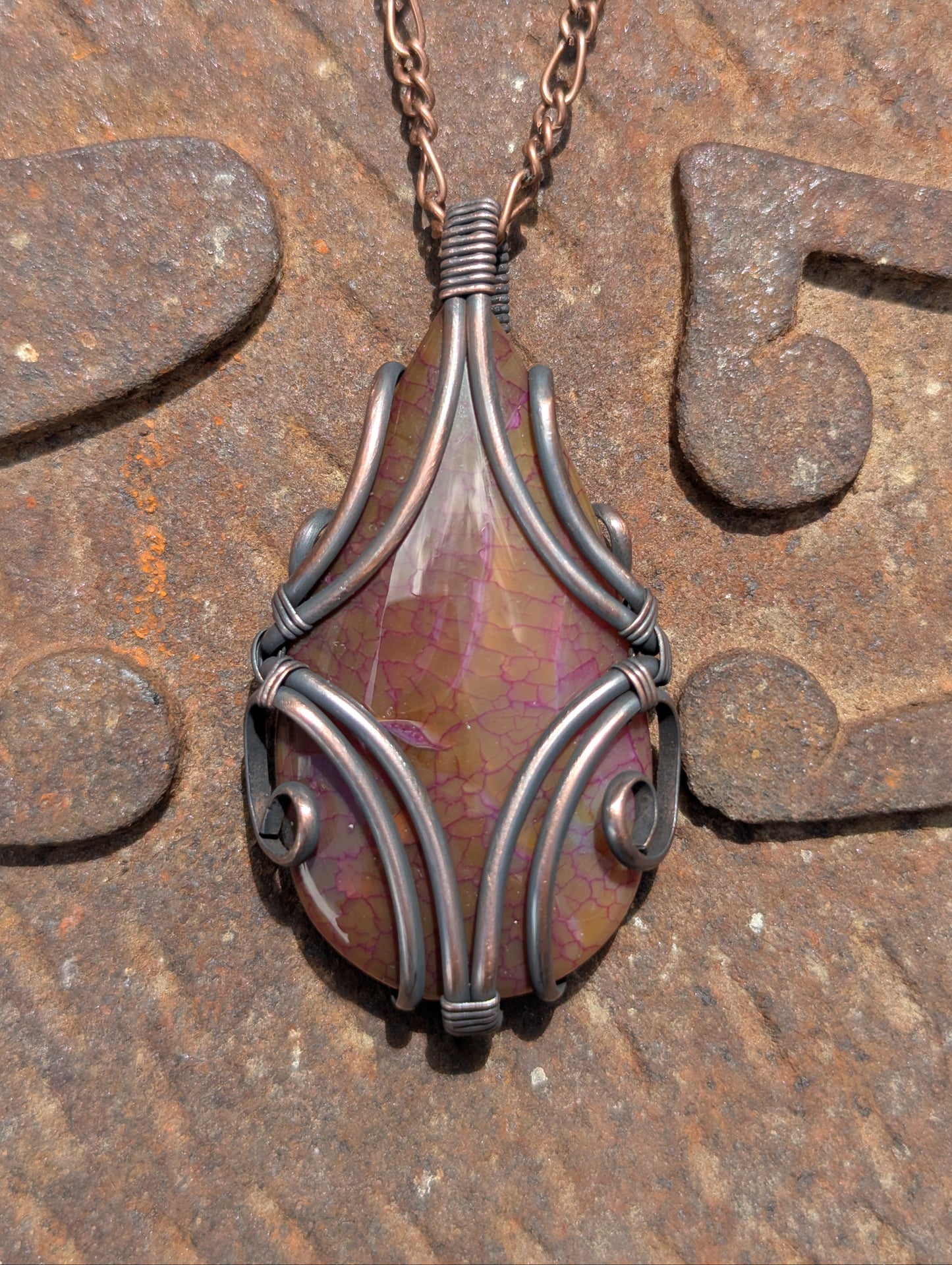 Peach Dragon Vein Agate Copper Pendant - "Winged Guardian"