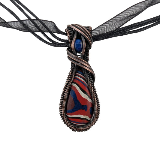 Fordite and Lapis Lazuli Copper Pendant - "Painted Sky Seed"
