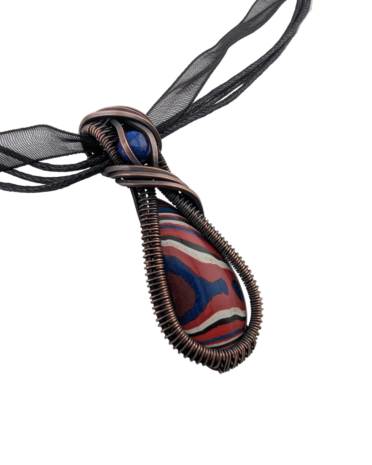 Fordite and Lapis Lazuli Copper Pendant - "Painted Sky Seed"