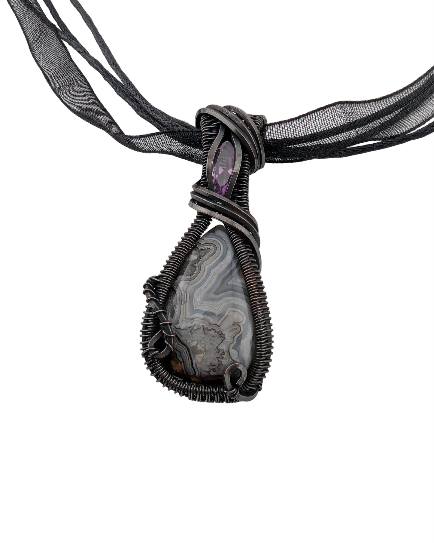 Crazy Lace Agate & Synth Alexandrite Copper Pendant - "Chromatic Seed"