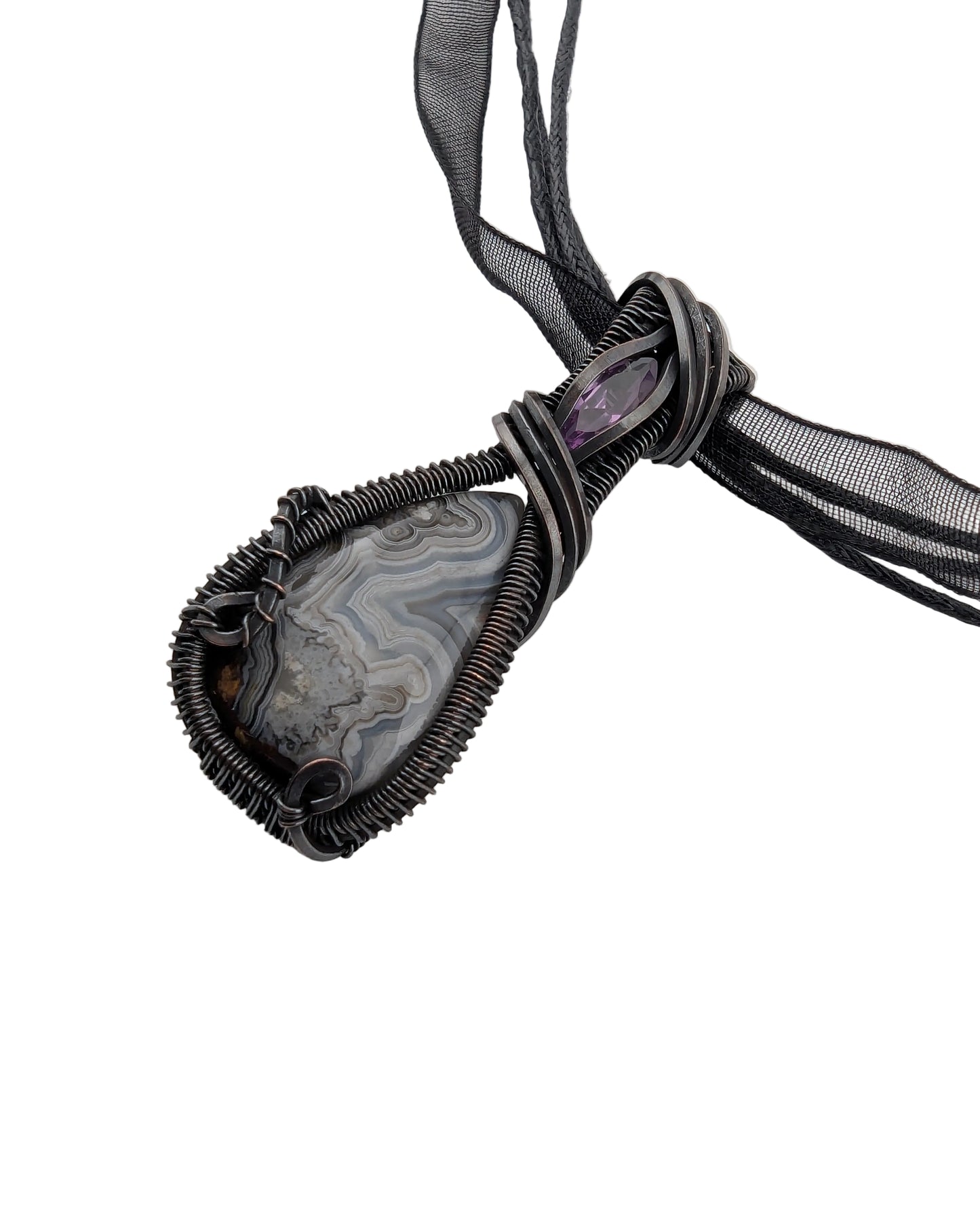 Crazy Lace Agate & Synth Alexandrite Copper Pendant - "Chromatic Seed"