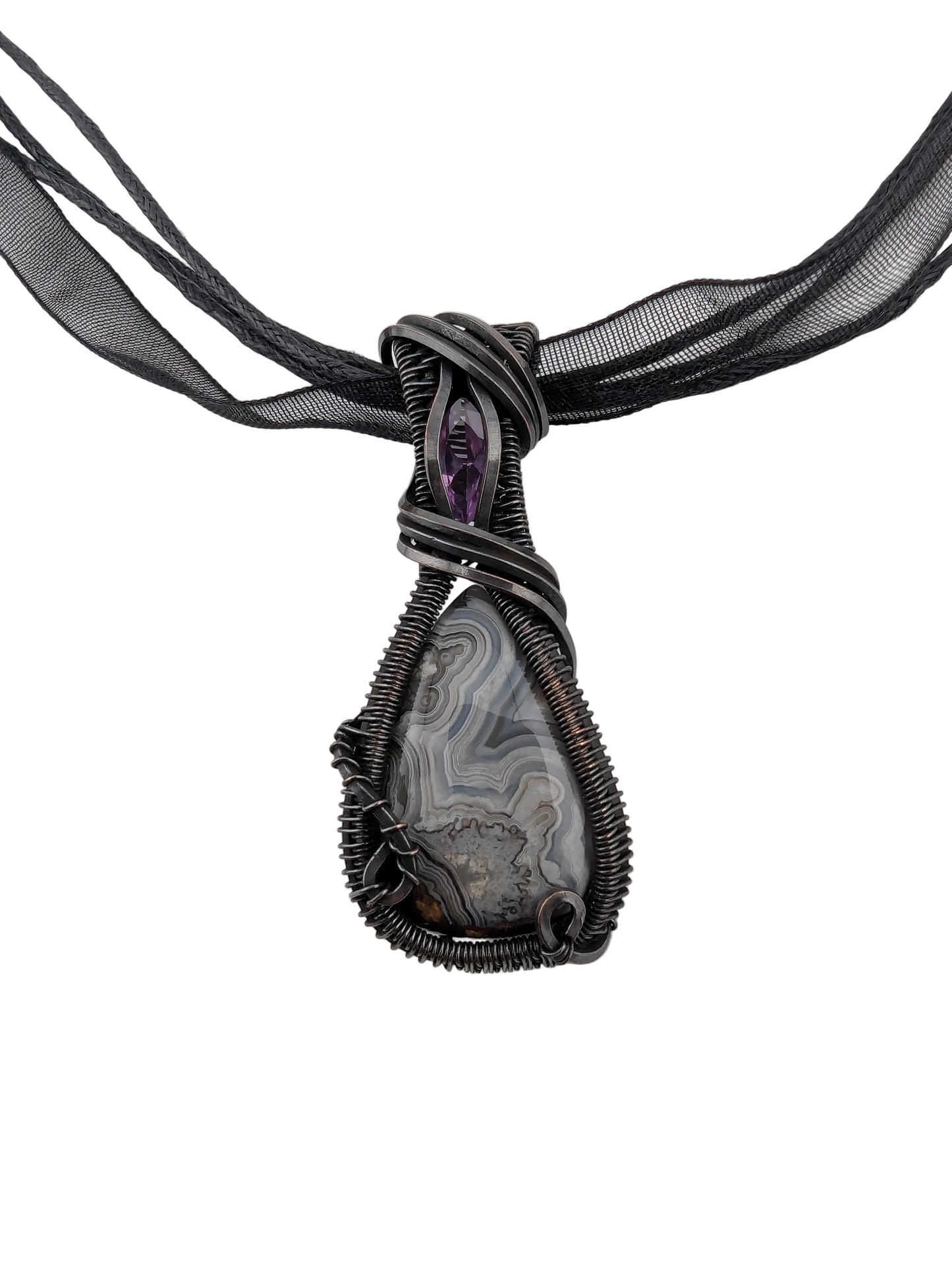 Crazy Lace Agate & Synth Alexandrite Copper Pendant - "Chromatic Seed"