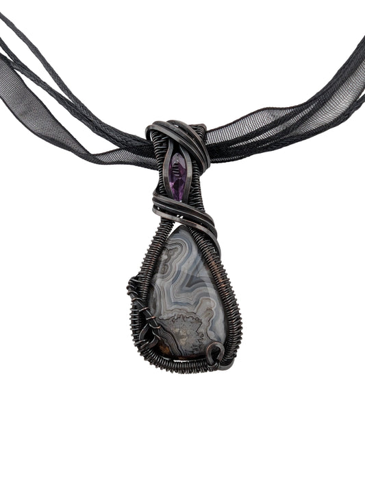 Crazy Lace Agate & Synth Alexandrite Copper Pendant - "Chromatic Seed"