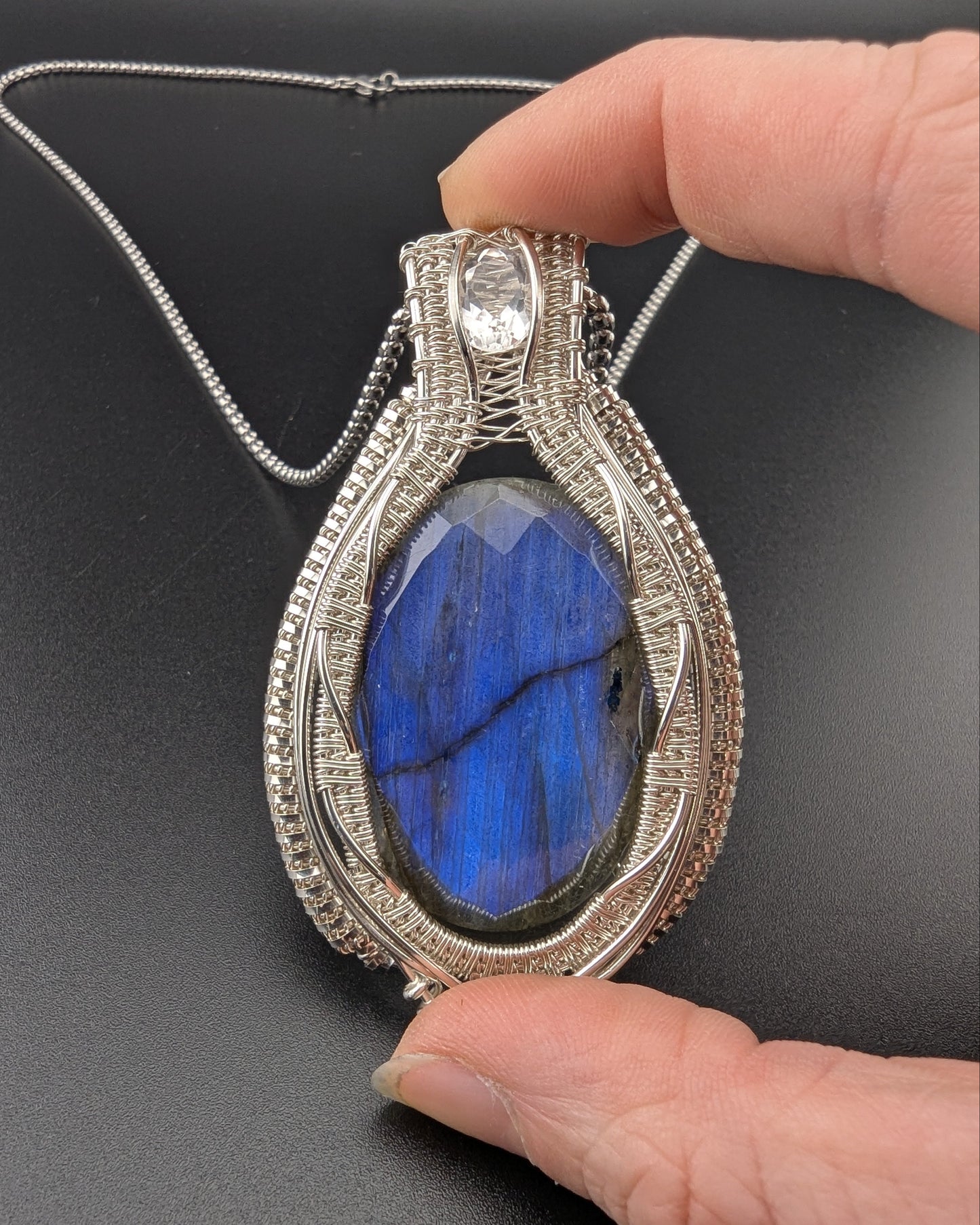Faceted Blue Labradorite & Topaz Silver Pendant - "Fae Dancing at Midnight"