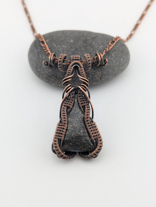 Wire Wrapped Marcasite Handmade Copper Pendant Necklace: Aries Ram Horns