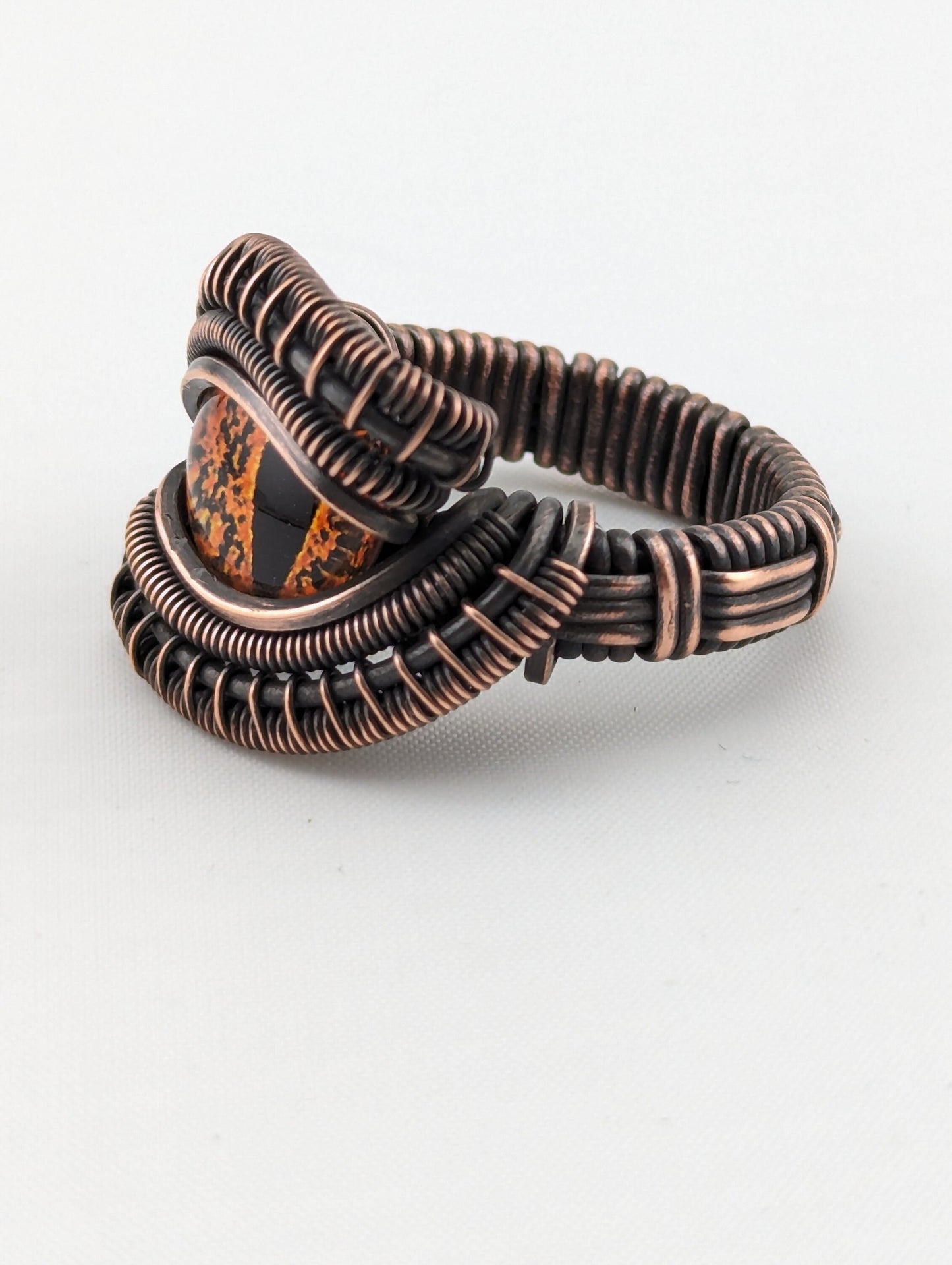 Wire Wrapped Fiery Orange Dragon Eye Handmade Copper Ring   Size 7