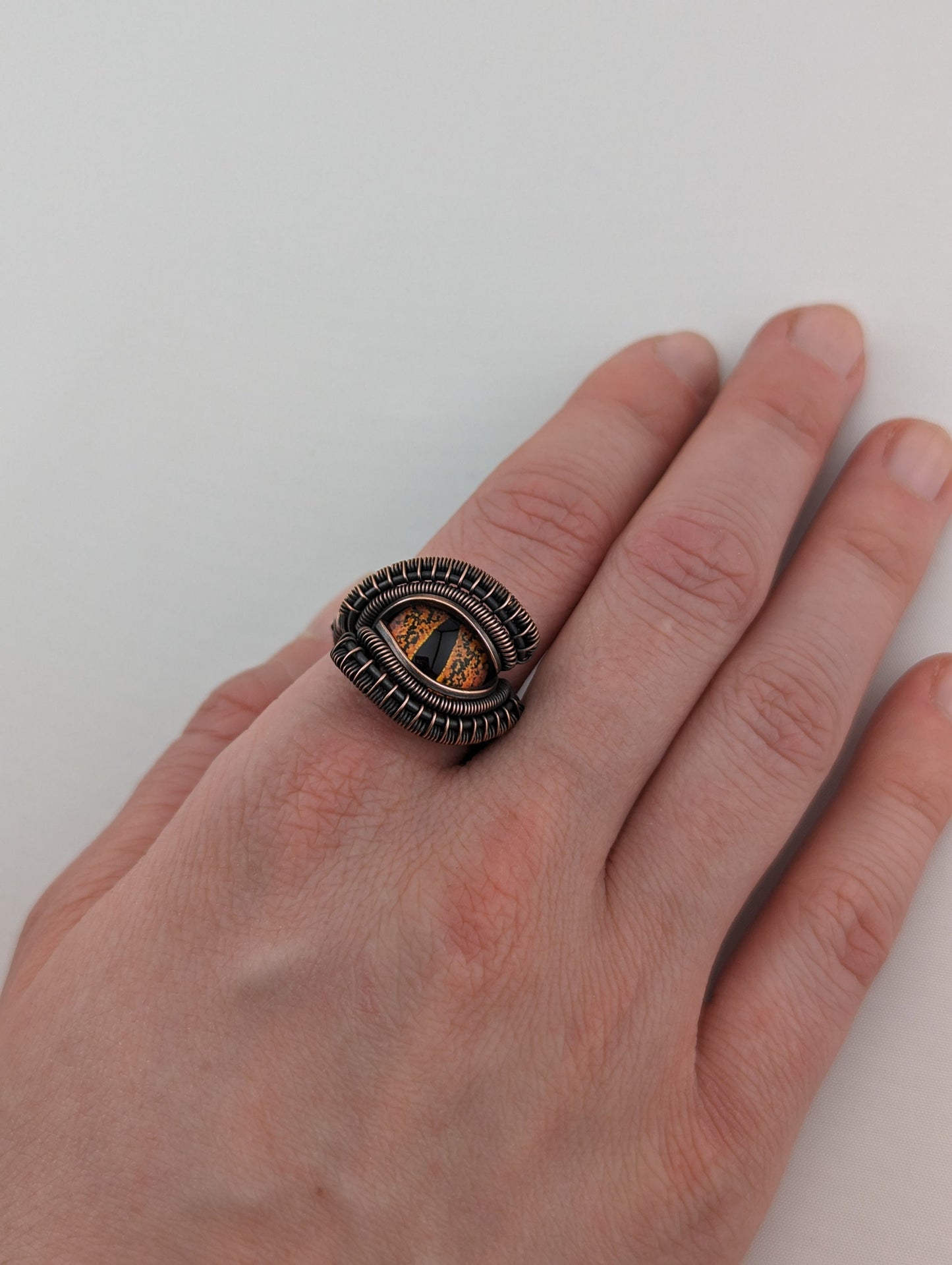 Wire Wrapped Fiery Orange Dragon Eye Handmade Copper Ring   Size 7