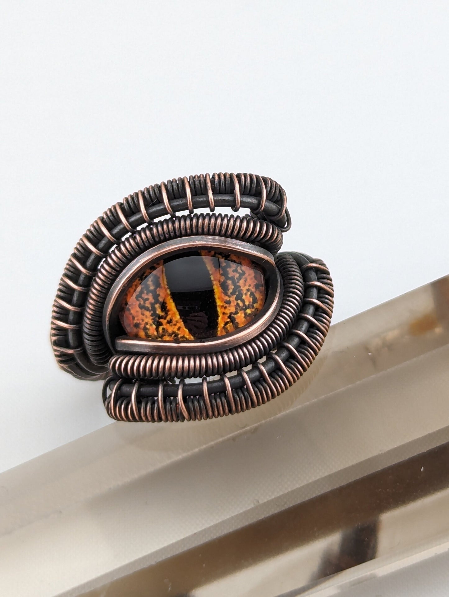 Wire Wrapped Fiery Orange Dragon Eye Handmade Copper Ring   Size 7