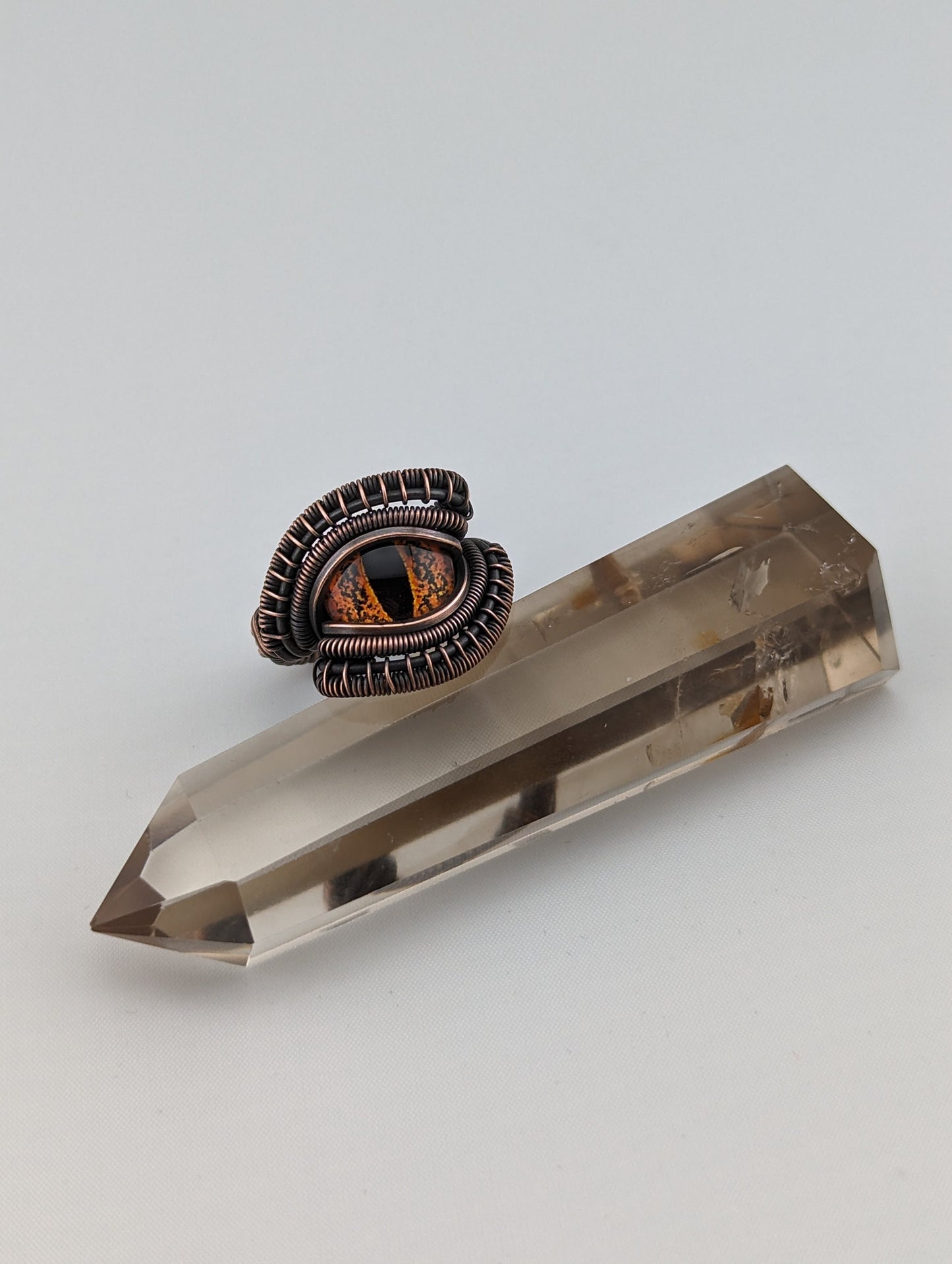Wire Wrapped Fiery Orange Dragon Eye Handmade Copper Ring   Size 7