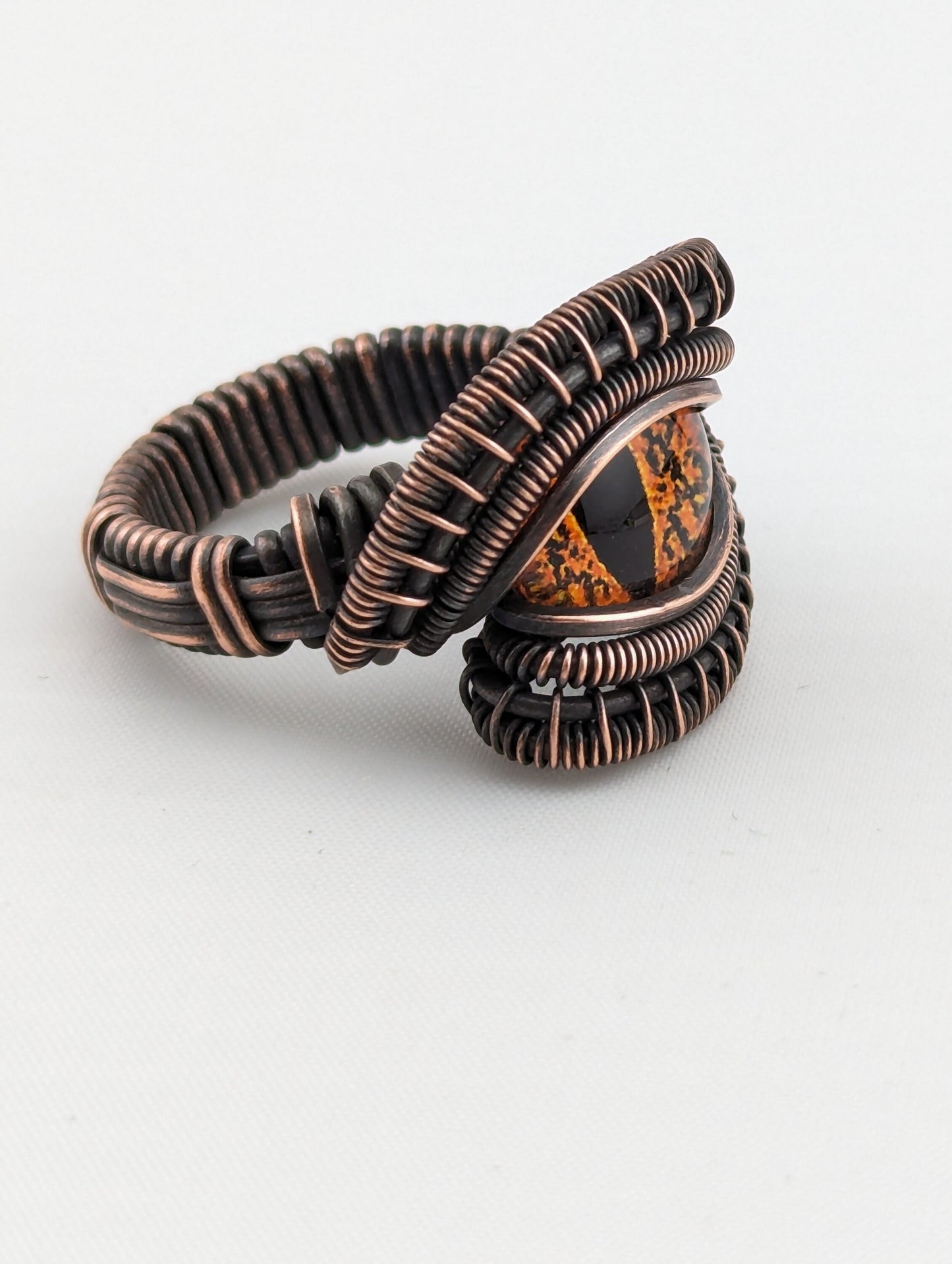 Wire Wrapped Fiery Orange Dragon Eye Handmade Copper Ring   Size 7