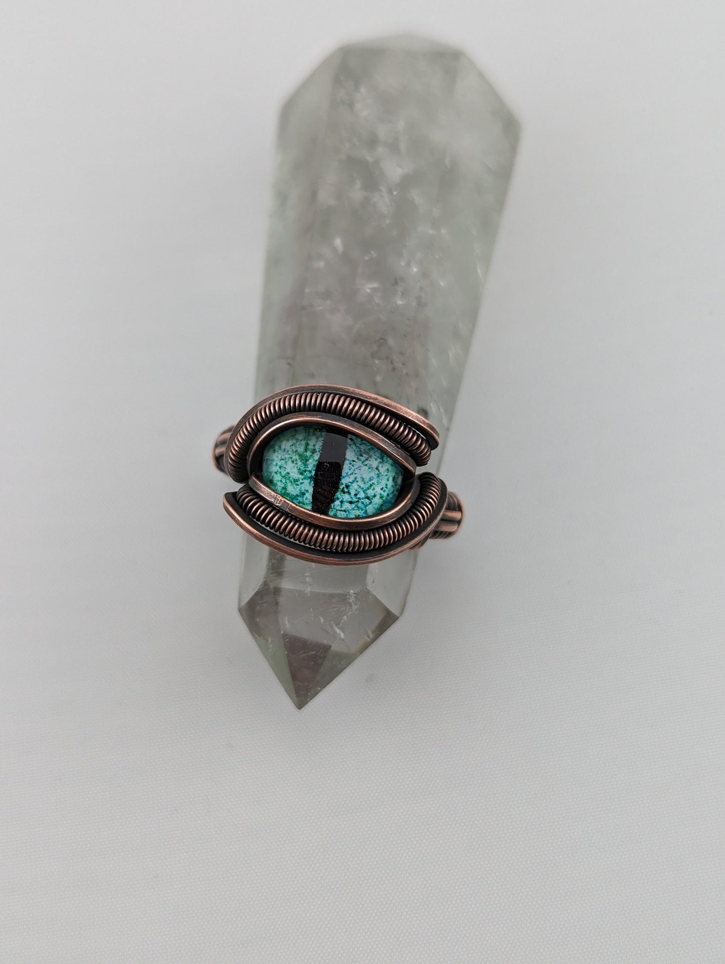 Wire Wrapped Aqua Dragon Eye Handmade Copper Ring  Size 7.75