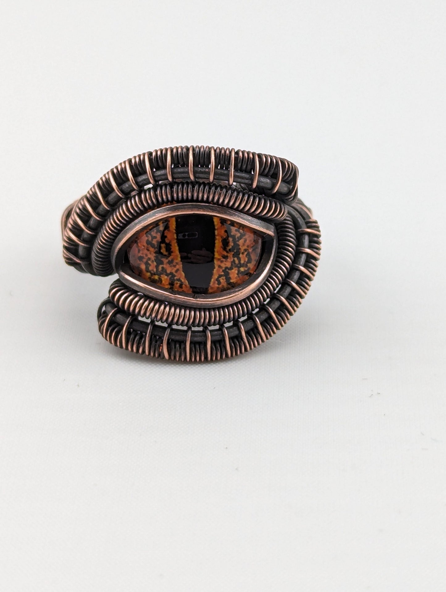Wire Wrapped Fiery Orange Dragon Eye Handmade Copper Ring   Size 7