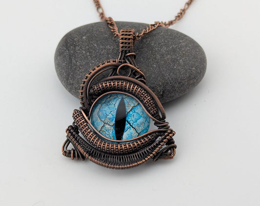 Wire Wrapped Blue Dragon Eye Handmade Copper Pendant Necklace Medallion