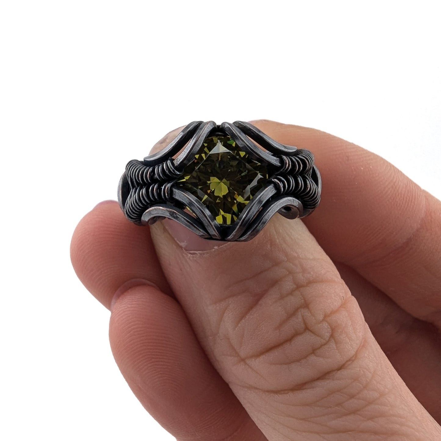 Pear CZ Ring -Copper Wire Wrapped Brilliant Light Design- Size 5