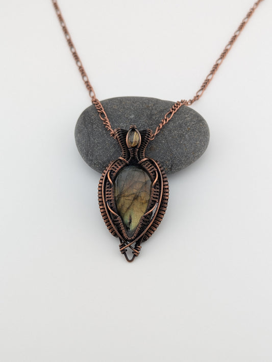 Wire Wrapped Gold Labradorite and Rutilized Quartz Handmade Copper Pendant Necklace