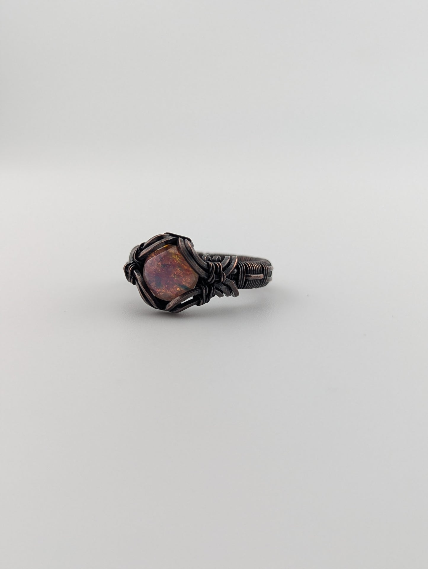 Sunset Stone Glass and Copper Wire Wrapped Ring Size 9