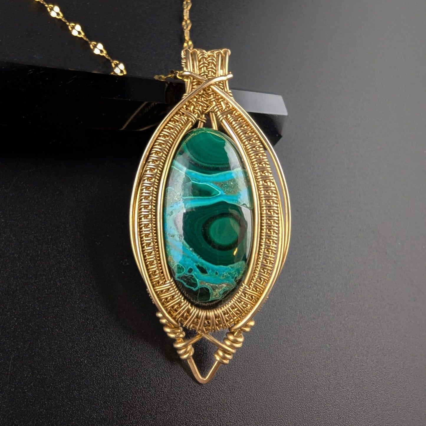 Chrysocholla Malachite Brass Necklace - "Beetle Back"