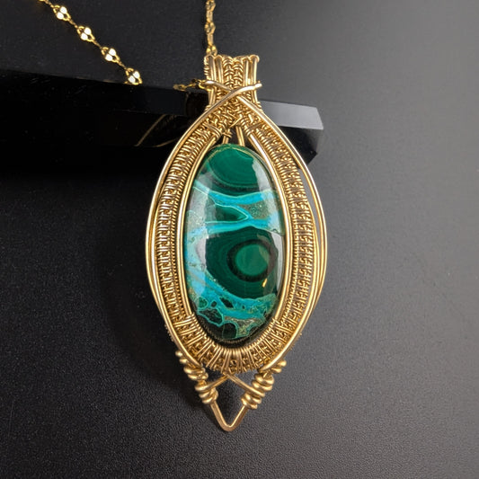 Chrysocholla Malachite Brass Necklace - "Beetle Back"