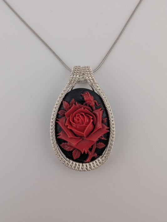 Red Rose Resin Sterling Silver Pendant - “Thorns of Plenty”