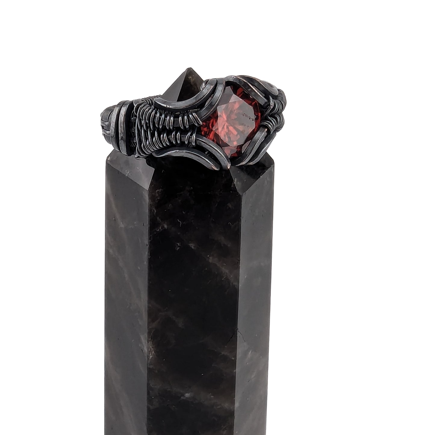 Blood Orange CZ Ring - Copper Wire Wrapped Brilliant Light Design - Size 8