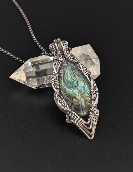 Sterling Silver Fox Labradorite and Black Opal Handmade Copper Pendant Necklace "Ninetails"