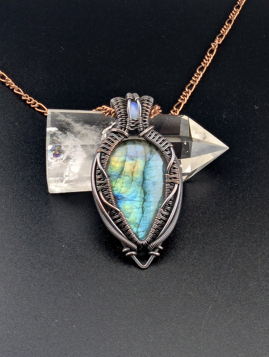 Wire Wrapped Labradorite and Opal Handmade Copper Pendant Necklace "Fairy Wings"