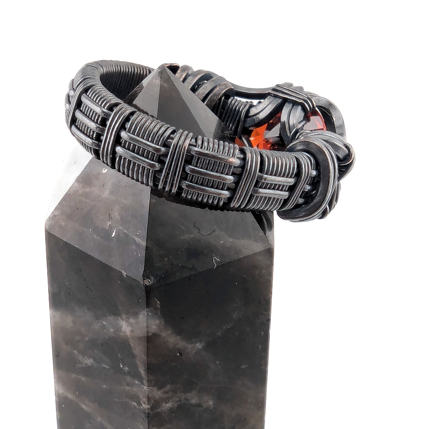 Blood Orange CZ Ring - Copper Wire Wrapped Brilliant Light Design - Size 8