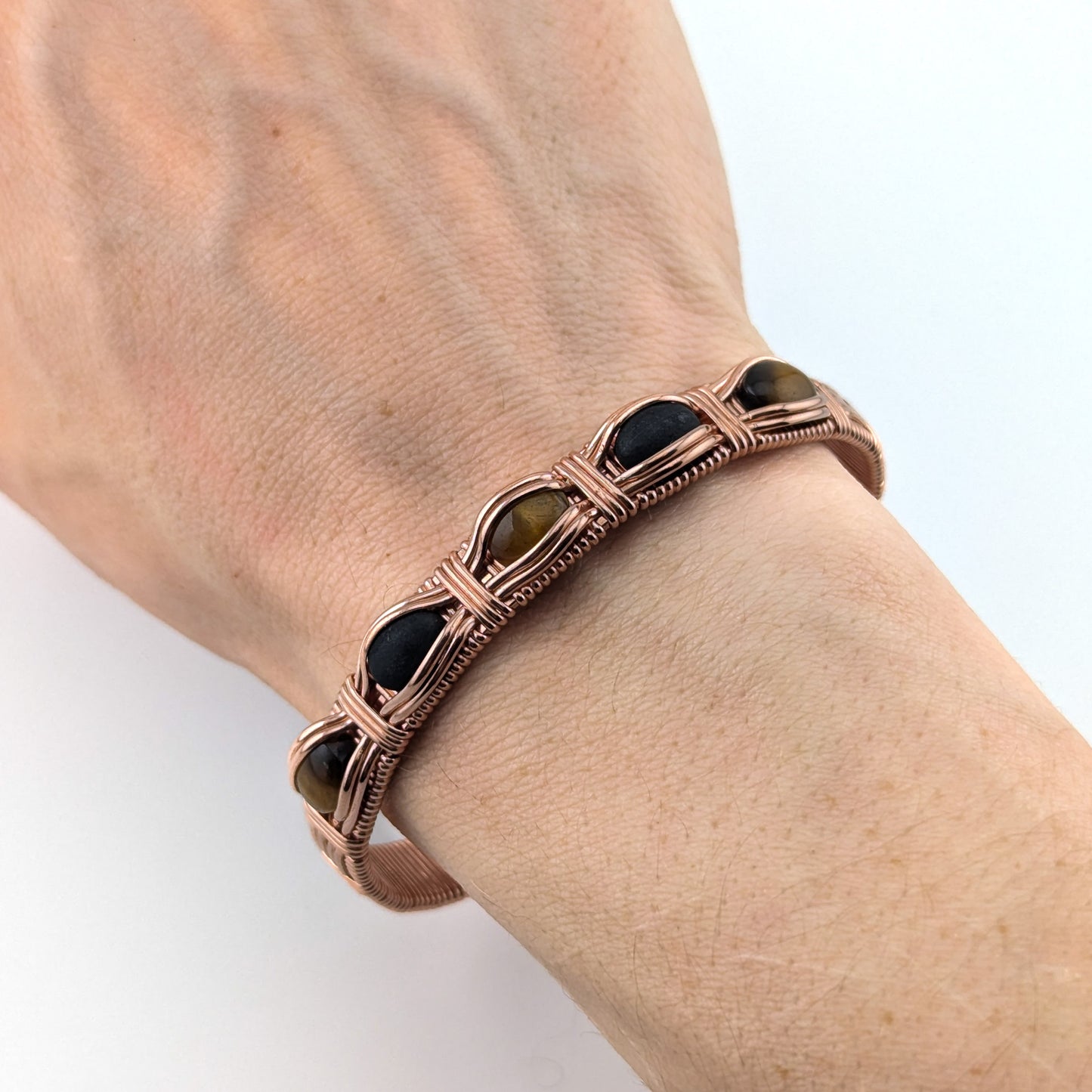 Tigers Eye and Onyx Copper Bangle Bracelet