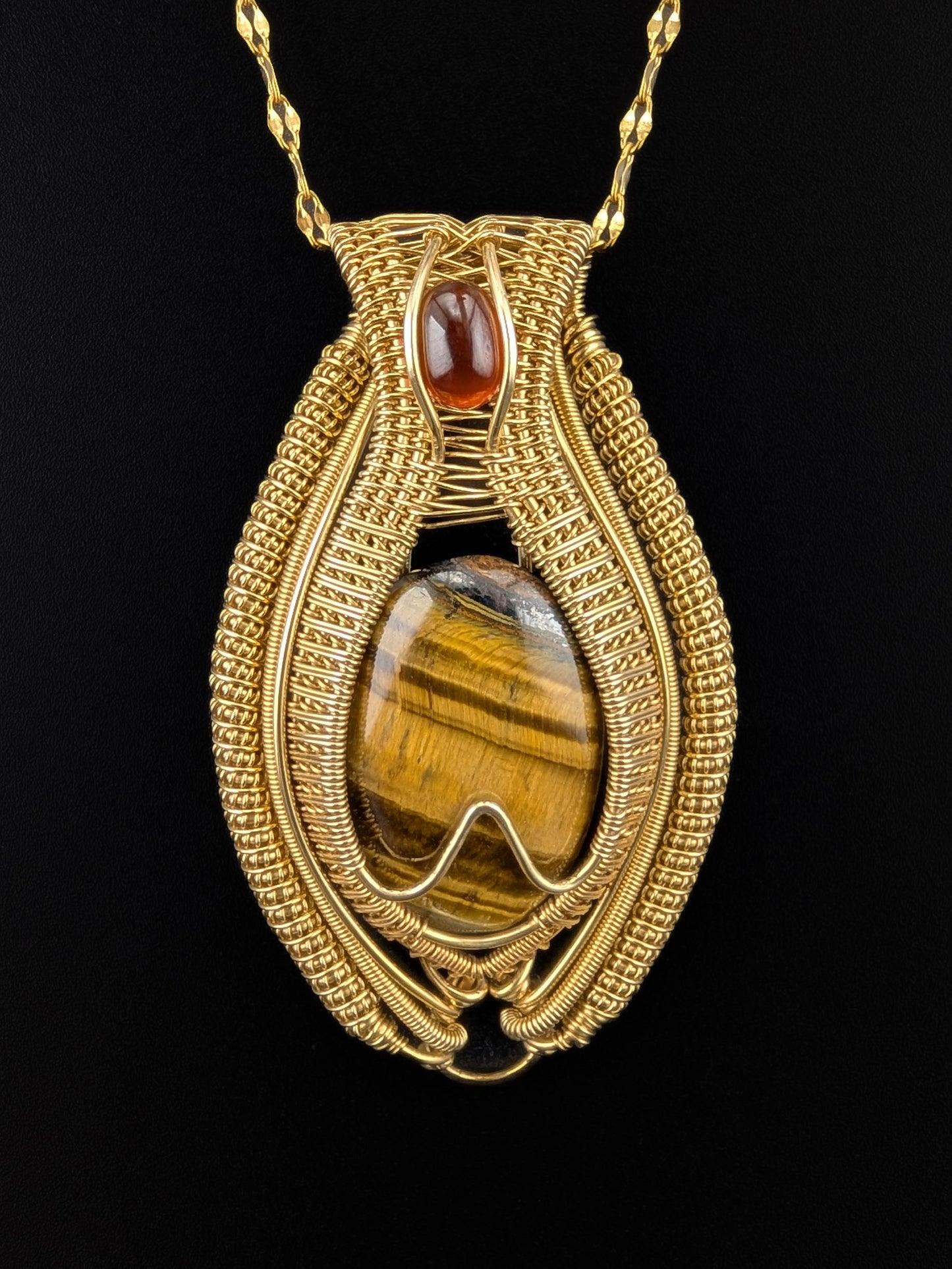 Tigers Eye & Garnet Brass Necklace - "Amulet of Strength"