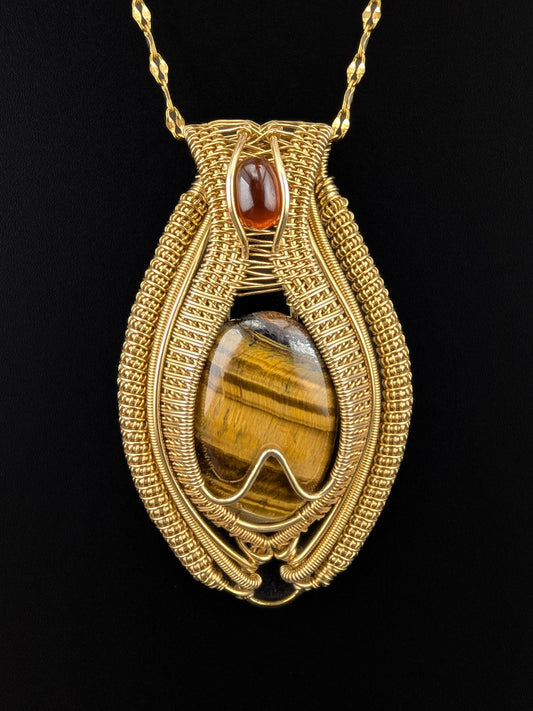 Tigers Eye & Garnet Brass Necklace - "Amulet of Strength"