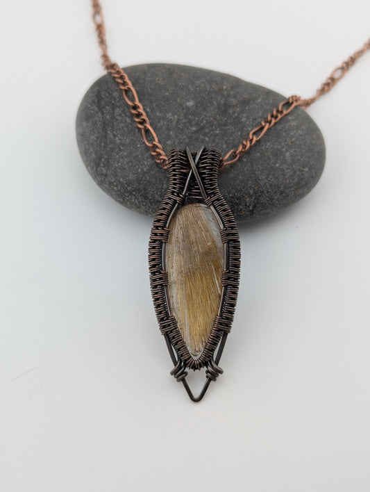 Wire Wrapped Golden Rutilated Quartz Handmade Copper Pendant Necklace