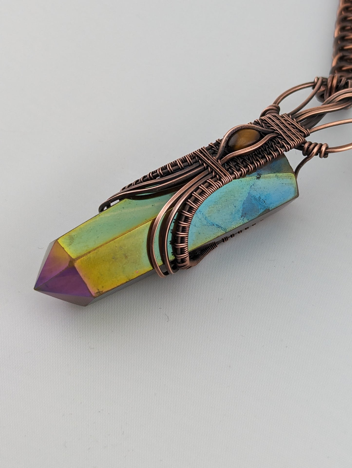"Rainbow Courage" - Tiger's Eye Crystal Point Pendant