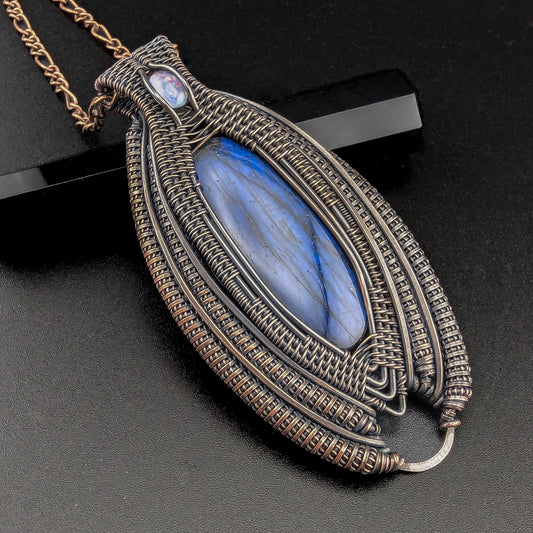 Labradorite and Opal Copper Wire Wrap Pendant - "Gaze of the Evil Eye"