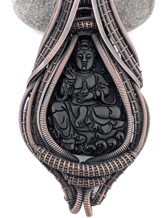 "Guru" - Onyx Engraved Buddha Copper Pendant