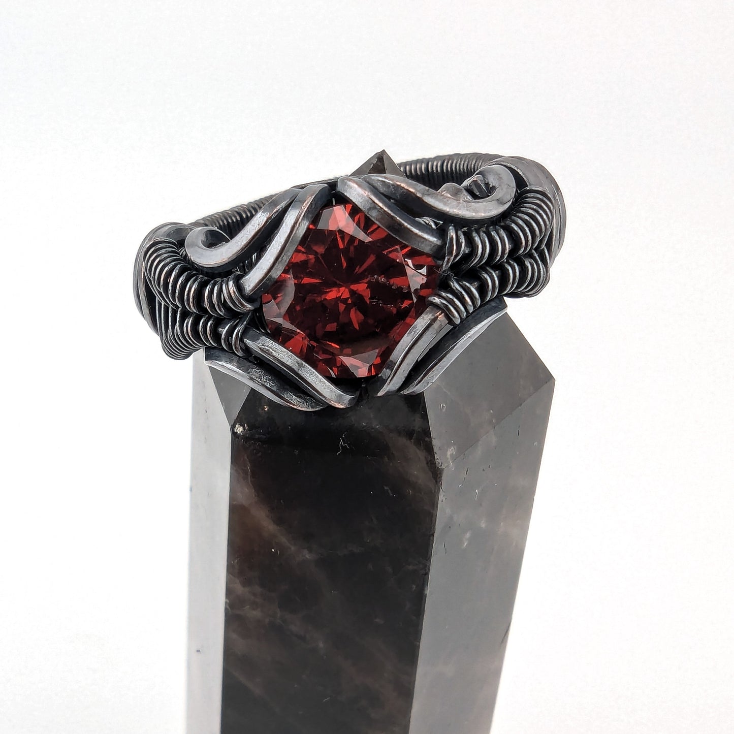 Blood Orange CZ Ring - Copper Wire Wrapped Brilliant Light Design - Size 8