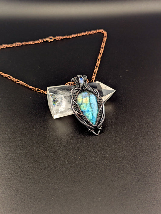 Wire Wrapped Labradorite and Opal Handmade Copper Pendant Necklace "Fairy Wings"