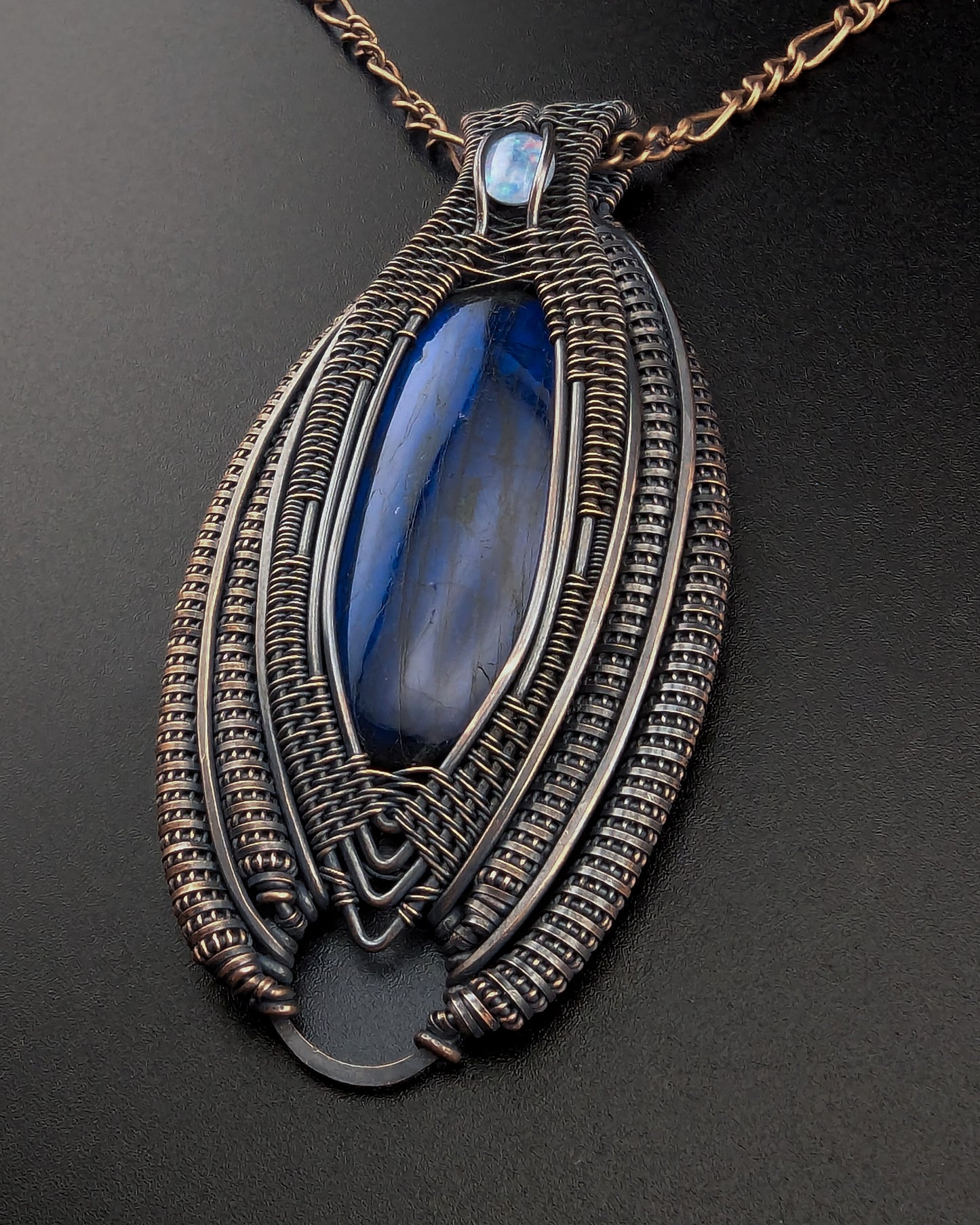 Labradorite and Opal Copper Wire Wrap Pendant - "Gaze of the Evil Eye"