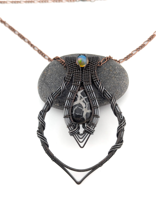 Wire Wrapped Septarian and Ethiopian Opal Handmade Copper Pendant Necklace