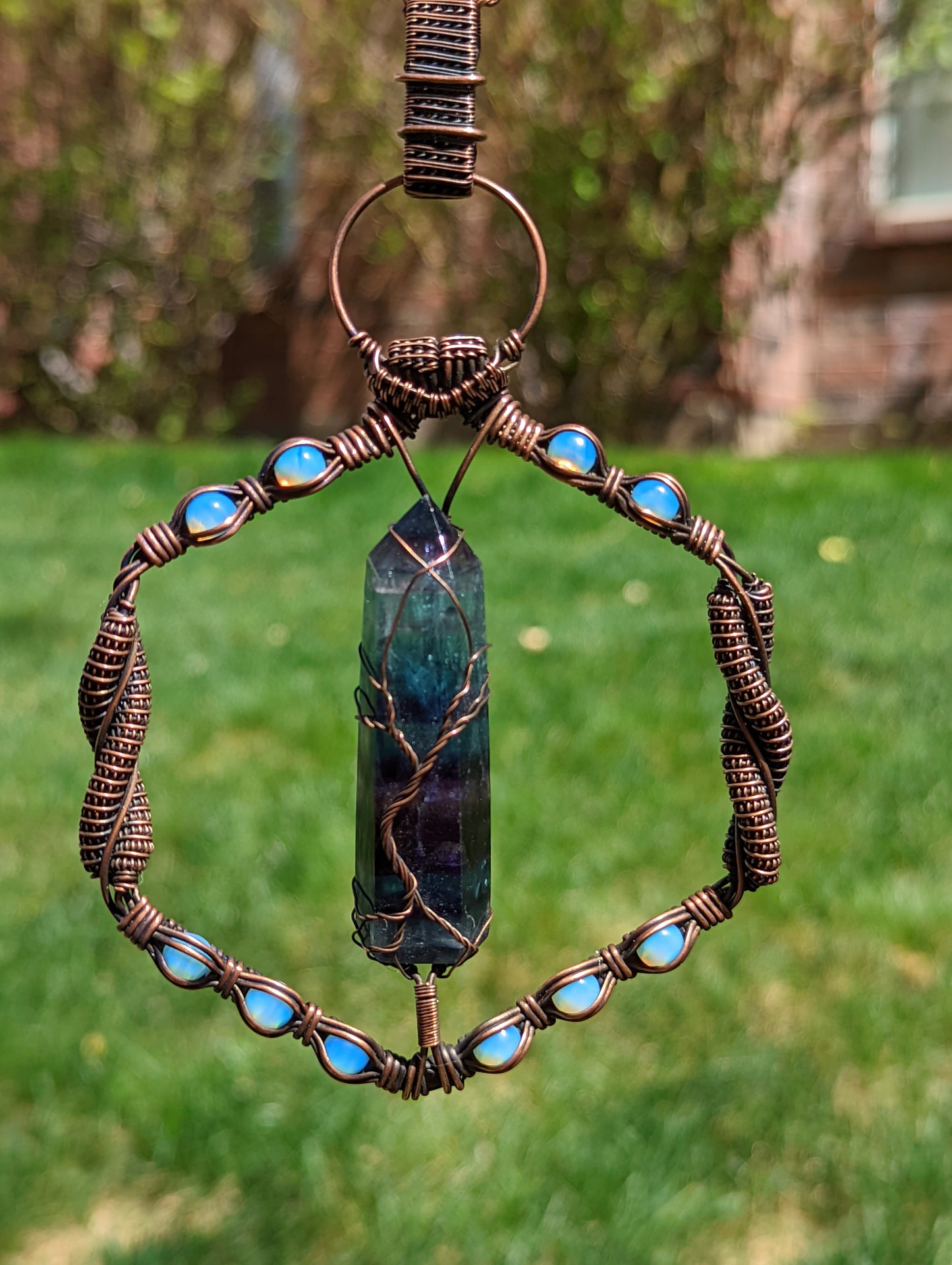 Fluorite Crystal Point and Opalite -  Geometric Copper Wire Wrapped Necklace - "Mystical Memories"