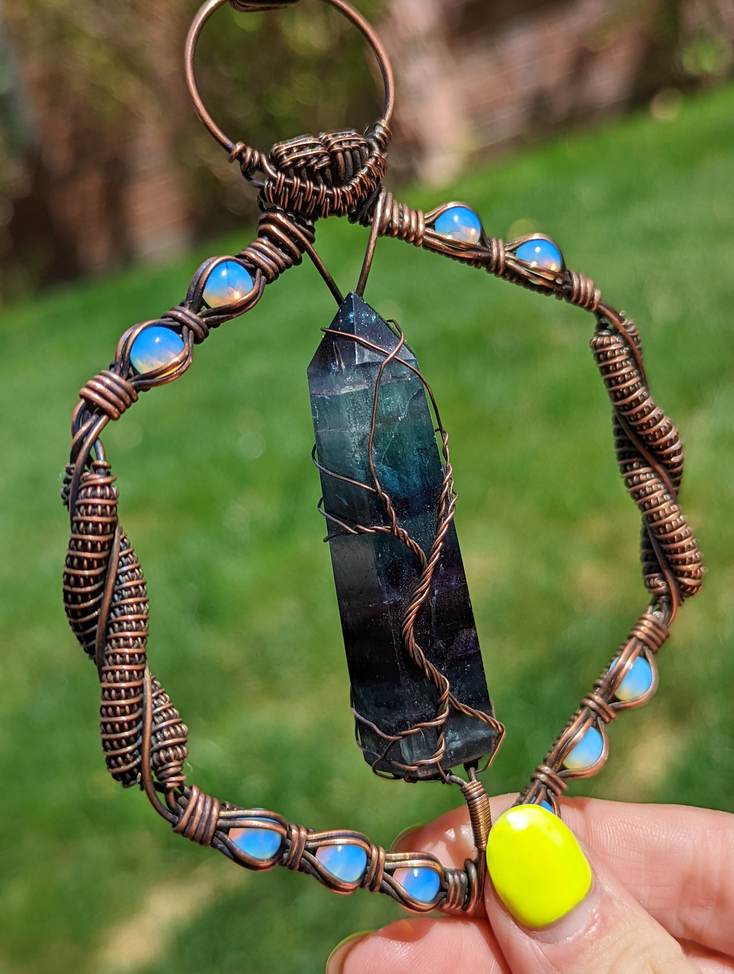 Fluorite Crystal Point and Opalite -  Geometric Copper Wire Wrapped Necklace - "Mystical Memories"