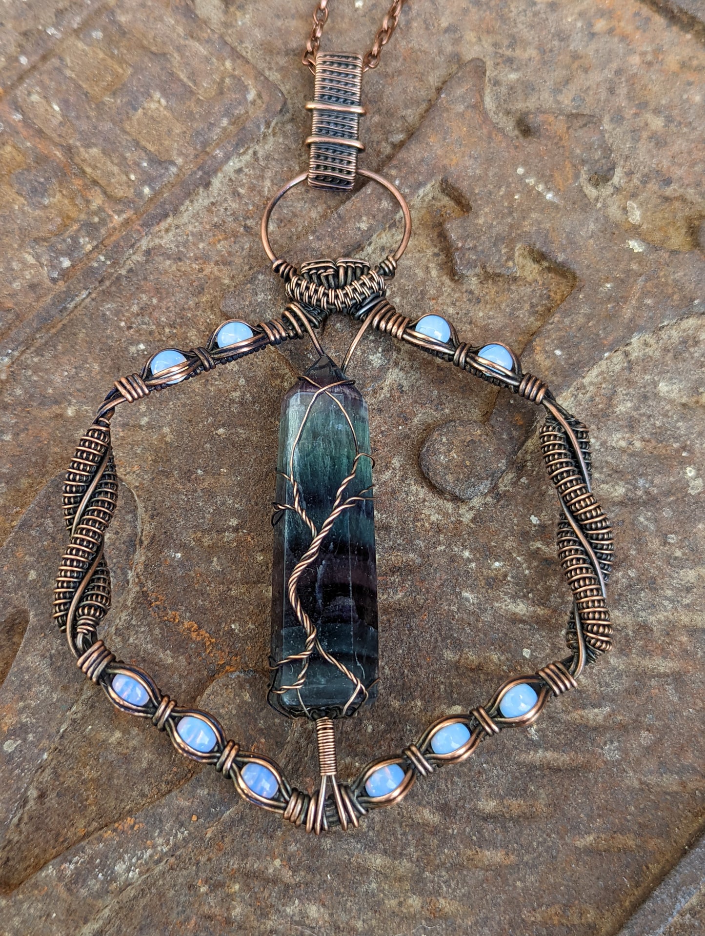 Fluorite Crystal Point and Opalite -  Geometric Copper Wire Wrapped Necklace - "Mystical Memories"