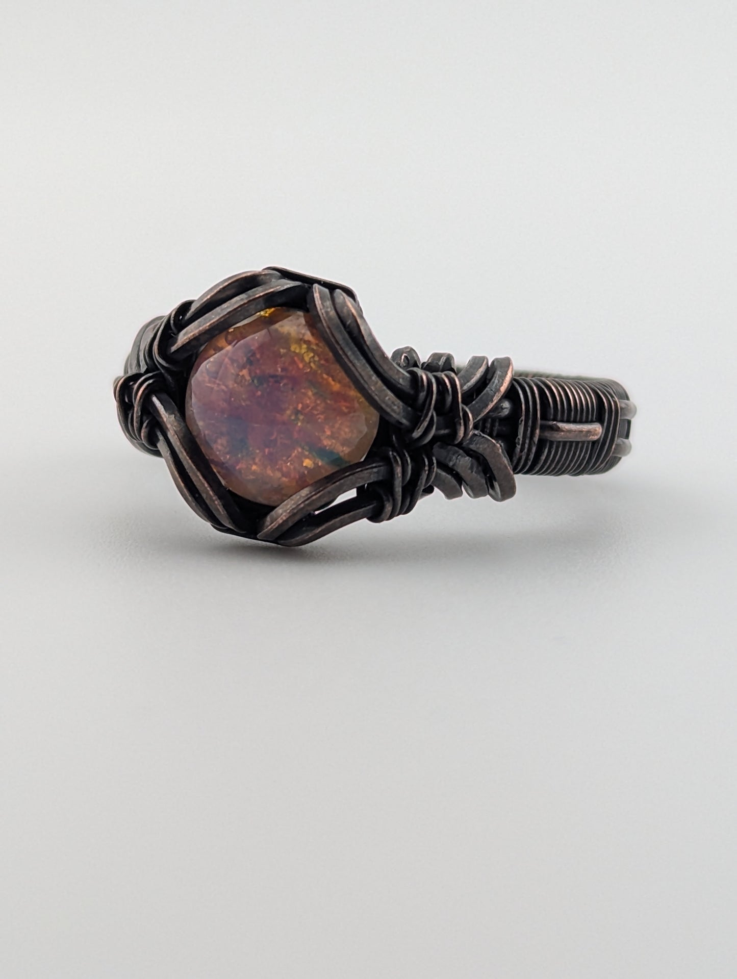 Sunset Stone Glass and Copper Wire Wrapped Ring Size 9