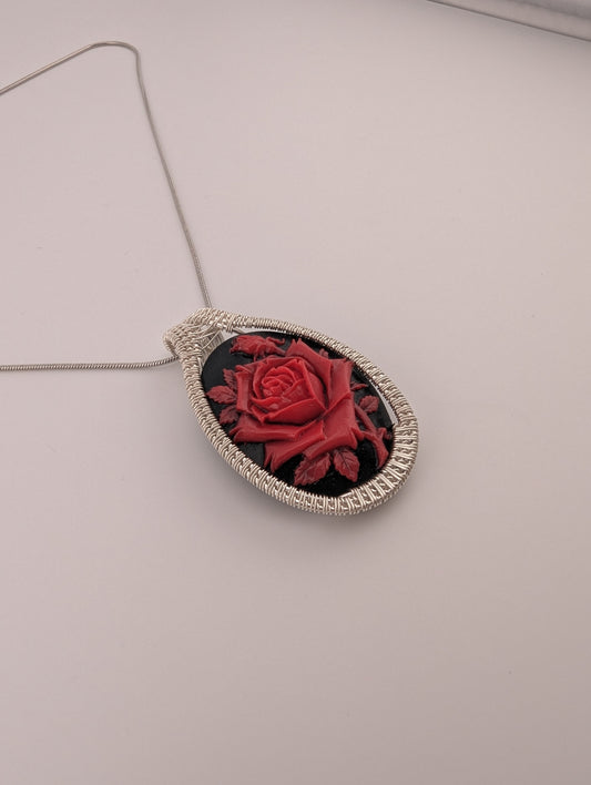 Red Rose Resin Sterling Silver Pendant - “Thorns of Plenty”