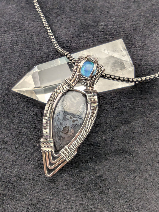 Sterling Silver Psilomelane and Blue Opal Wire Wrapped Handmade Pendant Necklace